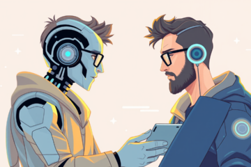 Illustration of a futuristic AI assistant co-creating content of a blogger, where he has full control about the AI. Both of them are shown on the illustration and share similar physical characteristics