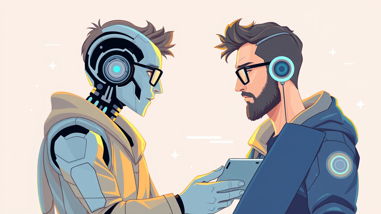 Illustration of a futuristic AI assistant co-creating content of a blogger, where he has full control about the AI. Both of them are shown on the illustration and share similar physical characteristics
